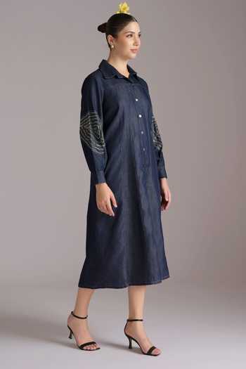 Shop JAYN India Blue Denim Collared Neck Embroidered Shirt Dress Online at Aza Fashions Shop_JAYN India_Blue Denim Collared Neck Embroidered Shirt Dress _Online_at_Aza_Fashions