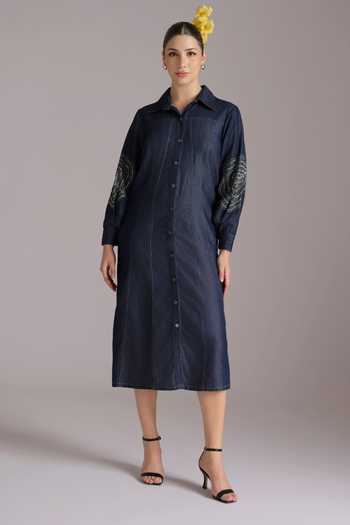 JAYN India Blue Denim Collared Neck Embroidered Shirt Dress at Aza Fashions JAYN India_Blue Denim Collared Neck Embroidered Shirt Dress _at_Aza_Fashions