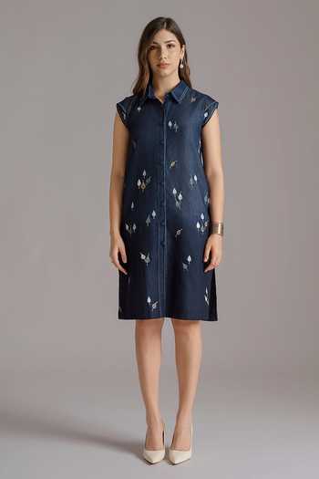 JAYN India Blue Denim Collared Neck Scattered Embroidered Shirt Dress Online at Aza Fashions JAYN India_Blue Denim Collared Neck Scattered Embroidered Shirt Dress _Online_at_Aza_Fashions
