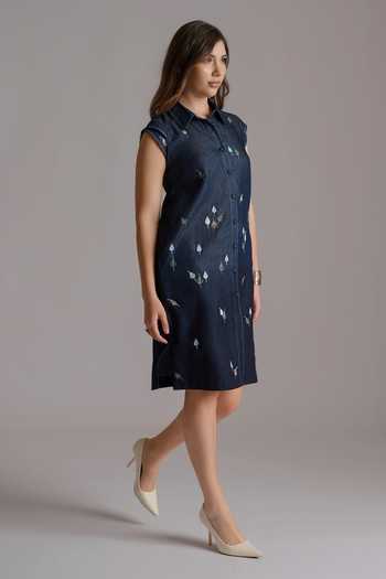 Buy JAYN India Blue Denim Collared Neck Scattered Embroidered Shirt Dress Online at Aza Fashions Buy_JAYN India_Blue Denim Collared Neck Scattered Embroidered Shirt Dress _Online_at_Aza_Fashions