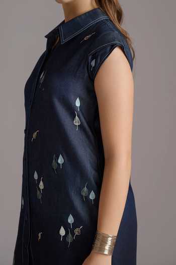 Shop JAYN India Blue Denim Collared Neck Scattered Embroidered Shirt Dress Online at Aza Fashions Shop_JAYN India_Blue Denim Collared Neck Scattered Embroidered Shirt Dress _Online_at_Aza_Fashions