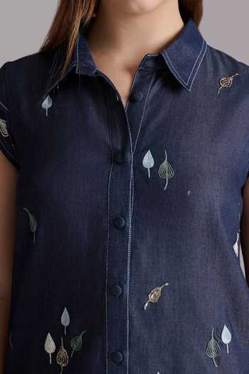 JAYN India Blue Denim Collared Neck Scattered Embroidered Shirt Dress at Aza Fashions JAYN India_Blue Denim Collared Neck Scattered Embroidered Shirt Dress _at_Aza_Fashions