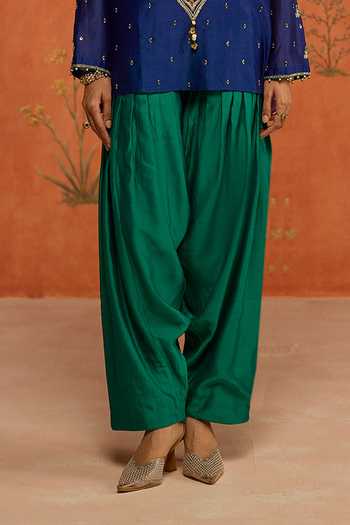 Shikha Mehta Blue Silk, Chanderi Split V-neck Pranita Top And Salwar Set Online at Aza Fashions Shikha Mehta_Blue Silk, Chanderi Split V-neck Pranita Top And Salwar Set _Online_at_Aza_Fashions