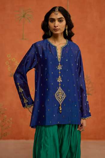 Shop Shikha Mehta Blue Silk, Chanderi Split V-neck Pranita Top And Salwar Set Online at Aza Fashions Shop_Shikha Mehta_Blue Silk, Chanderi Split V-neck Pranita Top And Salwar Set _Online_at_Aza_Fashions