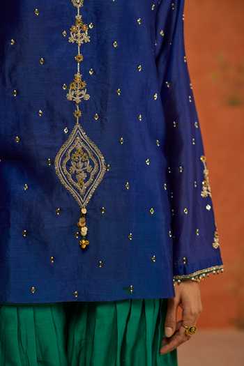 Shikha Mehta Blue Silk, Chanderi Split V-neck Pranita Top And Salwar Set at Aza Fashions Shikha Mehta_Blue Silk, Chanderi Split V-neck Pranita Top And Salwar Set _at_Aza_Fashions