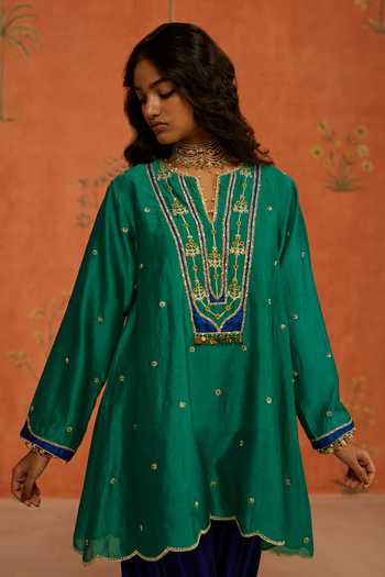 Buy Shikha Mehta Green Silk, Chanderi, Satin Split V-neck Aasma Top And Salwar Set Online at Aza Fashions Buy_Shikha Mehta_Green Silk, Chanderi, Satin Split V-neck Aasma Top And Salwar Set _Online_at_Aza_Fashions