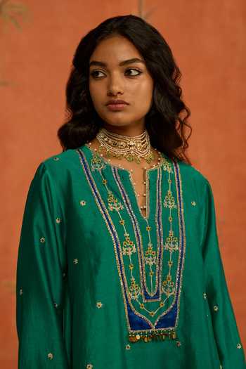 Shop Shikha Mehta Green Silk, Chanderi, Satin Split V-neck Aasma Top And Salwar Set Online at Aza Fashions Shop_Shikha Mehta_Green Silk, Chanderi, Satin Split V-neck Aasma Top And Salwar Set _Online_at_Aza_Fashions