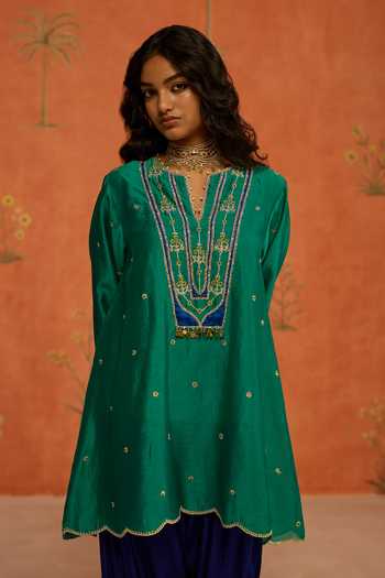 Buy Shikha Mehta Green Silk, Chanderi, Satin Split V-neck Aasma Top And Salwar Set Buy_Shikha Mehta_Green Silk, Chanderi, Satin Split V-neck Aasma Top And Salwar Set