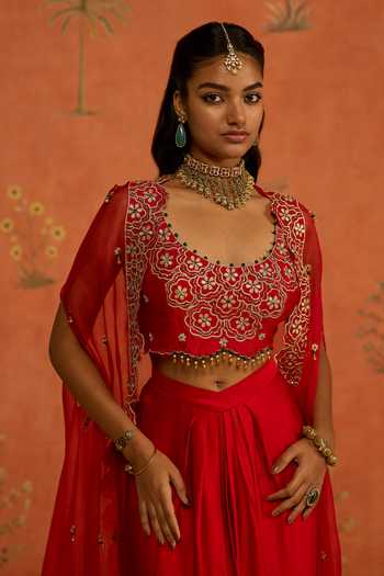 Buy Shikha Mehta Red Organza, , Chanderi, Satin Damini Embroidered Cape Skirt Set Online at Aza Fashions Buy_Shikha Mehta_Red Organza, , Chanderi, Satin Damini Embroidered Cape Skirt Set _Online_at_Aza_Fashions