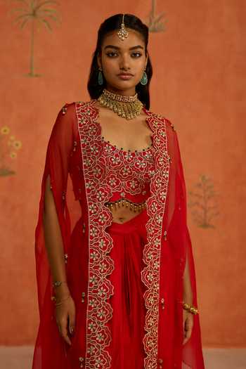 Shop Shikha Mehta Red Organza, , Chanderi, Satin Damini Embroidered Cape Skirt Set Online at Aza Fashions Shop_Shikha Mehta_Red Organza, , Chanderi, Satin Damini Embroidered Cape Skirt Set _Online_at_Aza_Fashions