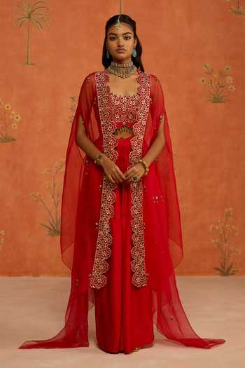 Shikha Mehta Red Organza, , Chanderi, Satin Damini Embroidered Cape Skirt Set at Aza Fashions Shikha Mehta_Red Organza, , Chanderi, Satin Damini Embroidered Cape Skirt Set _at_Aza_Fashions