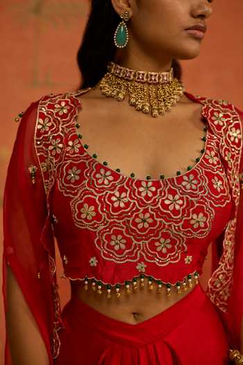 Buy Shikha Mehta Red Organza, , Chanderi, Satin Damini Embroidered Cape Skirt Set Buy_Shikha Mehta_Red Organza, , Chanderi, Satin Damini Embroidered Cape Skirt Set
