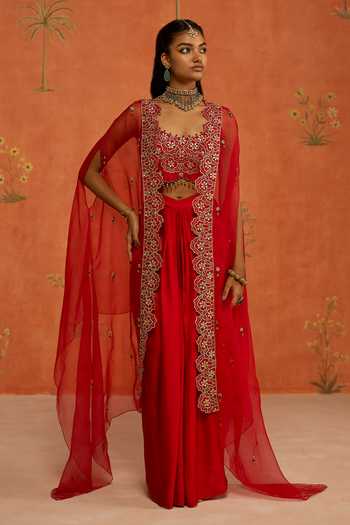 Shop Shikha Mehta Red Organza, , Chanderi, Satin Damini Embroidered Cape Skirt Set Shop_Shikha Mehta_Red Organza, , Chanderi, Satin Damini Embroidered Cape Skirt Set