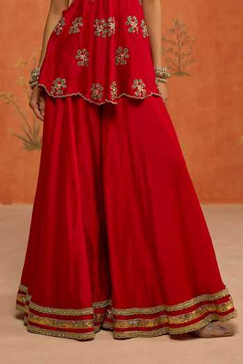 Shikha Mehta Red , Chanderi, Organza V-neck Yuvika Embroidered Top Sharara Set Online at Aza Fashions Shikha Mehta_Red , Chanderi, Organza V-neck Yuvika Embroidered Top Sharara Set _Online_at_Aza_Fashions