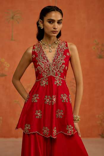 Buy Shikha Mehta Red , Chanderi, Organza V-neck Yuvika Embroidered Top Sharara Set Online at Aza Fashions Buy_Shikha Mehta_Red , Chanderi, Organza V-neck Yuvika Embroidered Top Sharara Set _Online_at_Aza_Fashions