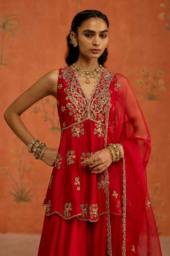 Shop Shikha Mehta Red , Chanderi, Organza V-neck Yuvika Embroidered Top Sharara Set Online at Aza Fashions Shop_Shikha Mehta_Red , Chanderi, Organza V-neck Yuvika Embroidered Top Sharara Set _Online_at_Aza_Fashions