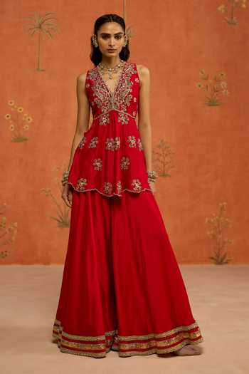 Shikha Mehta Red , Chanderi, Organza V-neck Yuvika Embroidered Top Sharara Set at Aza Fashions Shikha Mehta_Red , Chanderi, Organza V-neck Yuvika Embroidered Top Sharara Set _at_Aza_Fashions