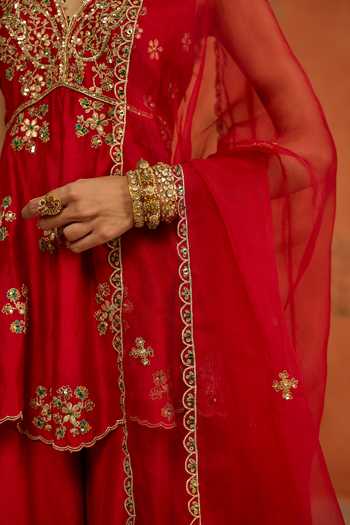 Shop Shikha Mehta Red , Chanderi, Organza V-neck Yuvika Embroidered Top Sharara Set Shop_Shikha Mehta_Red , Chanderi, Organza V-neck Yuvika Embroidered Top Sharara Set