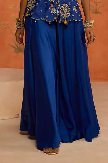 Shikha Mehta Blue Silk, Chanderi Scoop Neck Naira Embroidered Jacket And Sharara Set Online at Aza Fashions Shikha Mehta_Blue Silk, Chanderi Scoop Neck Naira Embroidered Jacket And Sharara Set _Online_at_Aza_Fashions