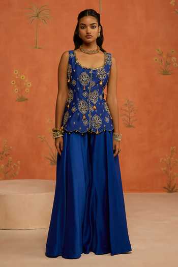 Buy Shikha Mehta Blue Silk, Chanderi Scoop Neck Naira Embroidered Jacket And Sharara Set Online at Aza Fashions Buy_Shikha Mehta_Blue Silk, Chanderi Scoop Neck Naira Embroidered Jacket And Sharara Set _Online_at_Aza_Fashions