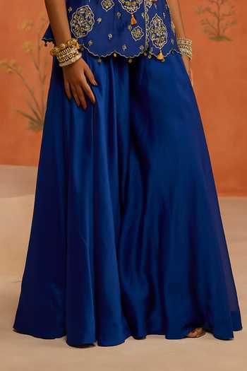 Shop Shikha Mehta Blue Silk, Chanderi Scoop Neck Naira Embroidered Jacket And Sharara Set Online at Aza Fashions Shop_Shikha Mehta_Blue Silk, Chanderi Scoop Neck Naira Embroidered Jacket And Sharara Set _Online_at_Aza_Fashions
