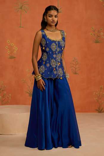 Shikha Mehta Blue Silk, Chanderi Scoop Neck Naira Embroidered Jacket And Sharara Set at Aza Fashions Shikha Mehta_Blue Silk, Chanderi Scoop Neck Naira Embroidered Jacket And Sharara Set _at_Aza_Fashions