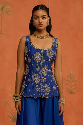 Buy Shikha Mehta Blue Silk, Chanderi Scoop Neck Naira Embroidered Jacket And Sharara Set Buy_Shikha Mehta_Blue Silk, Chanderi Scoop Neck Naira Embroidered Jacket And Sharara Set