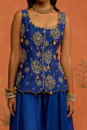 Shop Shikha Mehta Blue Silk, Chanderi Scoop Neck Naira Embroidered Jacket And Sharara Set Shop_Shikha Mehta_Blue Silk, Chanderi Scoop Neck Naira Embroidered Jacket And Sharara Set