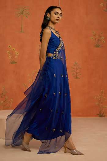 Shikha Mehta Blue Organza, , Chanderi, Satin Nitara Embroidered Cape Skirt Set Online at Aza Fashions Shikha Mehta_Blue Organza, , Chanderi, Satin Nitara Embroidered Cape Skirt Set _Online_at_Aza_Fashions