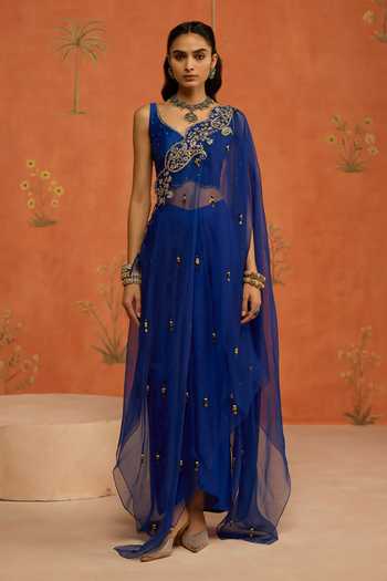 Buy Shikha Mehta Blue Organza, , Chanderi, Satin Nitara Embroidered Cape Skirt Set Online at Aza Fashions Buy_Shikha Mehta_Blue Organza, , Chanderi, Satin Nitara Embroidered Cape Skirt Set _Online_at_Aza_Fashions