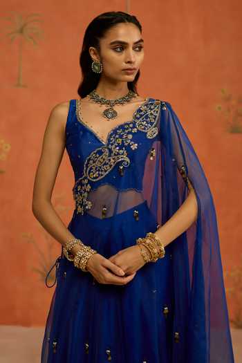 Shop Shikha Mehta Blue Organza, , Chanderi, Satin Nitara Embroidered Cape Skirt Set Online at Aza Fashions Shop_Shikha Mehta_Blue Organza, , Chanderi, Satin Nitara Embroidered Cape Skirt Set _Online_at_Aza_Fashions