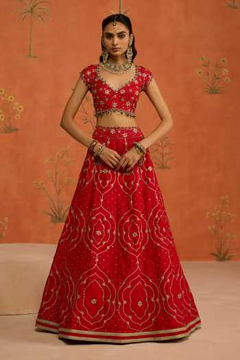Shikha Mehta Red Raw , Organza V-neck Suhana Lehenga Set Online at Aza Fashions Shikha Mehta_Red Raw , Organza V-neck Suhana Lehenga Set _Online_at_Aza_Fashions