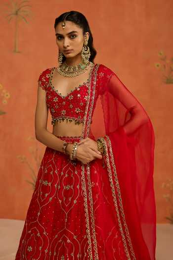 Buy Shikha Mehta Red Raw , Organza V-neck Suhana Lehenga Set Online at Aza Fashions Buy_Shikha Mehta_Red Raw , Organza V-neck Suhana Lehenga Set _Online_at_Aza_Fashions