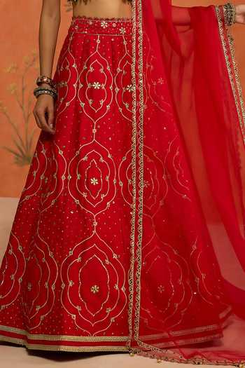 Shop Shikha Mehta Red Raw , Organza V-neck Suhana Lehenga Set Online at Aza Fashions Shop_Shikha Mehta_Red Raw , Organza V-neck Suhana Lehenga Set _Online_at_Aza_Fashions