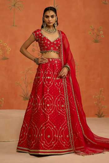 Shikha Mehta Red Raw , Organza V-neck Suhana Lehenga Set at Aza Fashions Shikha Mehta_Red Raw , Organza V-neck Suhana Lehenga Set _at_Aza_Fashions