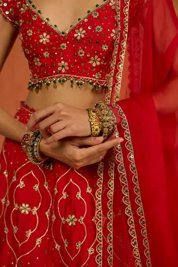 Shop Shikha Mehta Red Raw , Organza V-neck Suhana Lehenga Set Shop_Shikha Mehta_Red Raw , Organza V-neck Suhana Lehenga Set