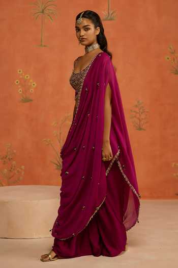 Shikha Mehta Wine , Chanderi, Satin Indu Pre-draped Saree With Embroidered Blouse Online at Aza Fashions Shikha Mehta_Wine , Chanderi, Satin Indu Pre-draped Saree With Embroidered Blouse _Online_at_Aza_Fashions