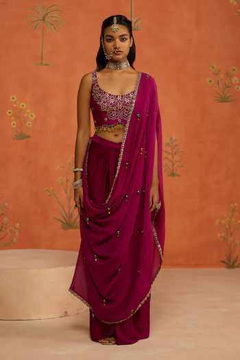 Buy Shikha Mehta Wine , Chanderi, Satin Indu Pre-draped Saree With Embroidered Blouse Online at Aza Fashions Buy_Shikha Mehta_Wine , Chanderi, Satin Indu Pre-draped Saree With Embroidered Blouse _Online_at_Aza_Fashions