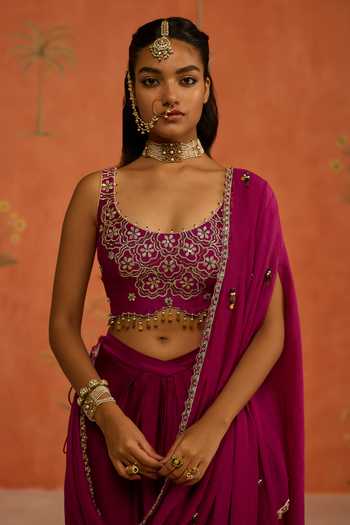 Shop Shikha Mehta Wine , Chanderi, Satin Indu Pre-draped Saree With Embroidered Blouse Online at Aza Fashions Shop_Shikha Mehta_Wine , Chanderi, Satin Indu Pre-draped Saree With Embroidered Blouse _Online_at_Aza_Fashions