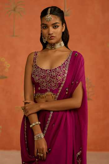 Shikha Mehta Wine , Chanderi, Satin Indu Pre-draped Saree With Embroidered Blouse at Aza Fashions Shikha Mehta_Wine , Chanderi, Satin Indu Pre-draped Saree With Embroidered Blouse _at_Aza_Fashions