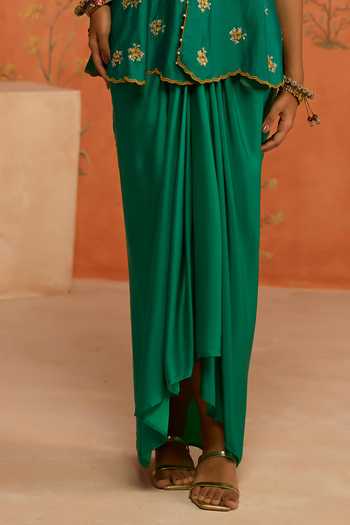 Shikha Mehta Green , Chanderi, Satin Split V-neck Ivana Embroidered Top With Skirt Online at Aza Fashions Shikha Mehta_Green , Chanderi, Satin Split V-neck Ivana Embroidered Top With Skirt _Online_at_Aza_Fashions