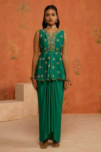 Buy Shikha Mehta Green , Chanderi, Satin Split V-neck Ivana Embroidered Top With Skirt Online at Aza Fashions Buy_Shikha Mehta_Green , Chanderi, Satin Split V-neck Ivana Embroidered Top With Skirt _Online_at_Aza_Fashions
