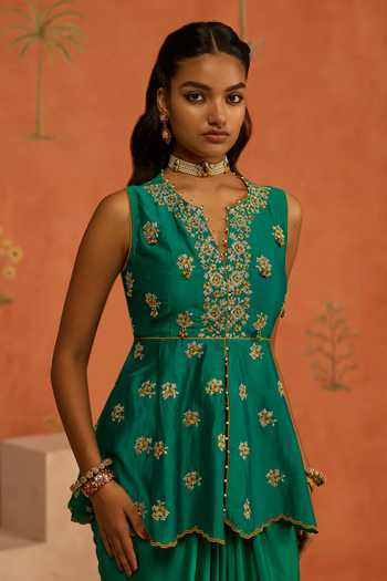 Shop Shikha Mehta Green , Chanderi, Satin Split V-neck Ivana Embroidered Top With Skirt Online at Aza Fashions Shop_Shikha Mehta_Green , Chanderi, Satin Split V-neck Ivana Embroidered Top With Skirt _Online_at_Aza_Fashions