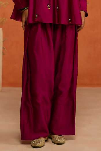 Shikha Mehta Wine Silk, Chanderi V-neck Kamya Scalloped Embroidered Top And Pant Co-ord Set Online at Aza Fashions Shikha Mehta_Wine Silk, Chanderi V-neck Kamya Scalloped Embroidered Top And Pant Co-ord Set _Online_at_Aza_Fashions
