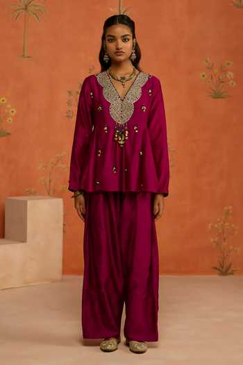 Buy Shikha Mehta Wine Silk, Chanderi V-neck Kamya Scalloped Embroidered Top And Pant Co-ord Set Online at Aza Fashions Buy_Shikha Mehta_Wine Silk, Chanderi V-neck Kamya Scalloped Embroidered Top And Pant Co-ord Set _Online_at_Aza_Fashions
