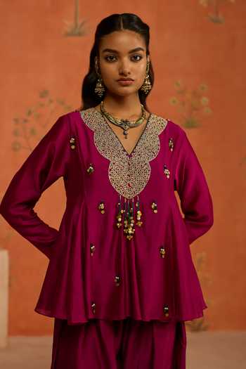Shop Shikha Mehta Wine Silk, Chanderi V-neck Kamya Scalloped Embroidered Top And Pant Co-ord Set Online at Aza Fashions Shop_Shikha Mehta_Wine Silk, Chanderi V-neck Kamya Scalloped Embroidered Top And Pant Co-ord Set _Online_at_Aza_Fashions