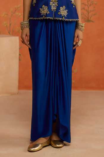 Shikha Mehta Blue Silk, Chanderi V-neck Fannah Top And Skirt Set Online at Aza Fashions Shikha Mehta_Blue Silk, Chanderi V-neck Fannah Top And Skirt Set _Online_at_Aza_Fashions