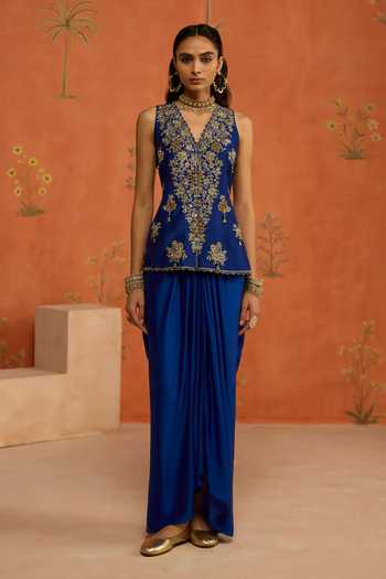Buy Shikha Mehta Blue Silk, Chanderi V-neck Fannah Top And Skirt Set Online at Aza Fashions Buy_Shikha Mehta_Blue Silk, Chanderi V-neck Fannah Top And Skirt Set _Online_at_Aza_Fashions