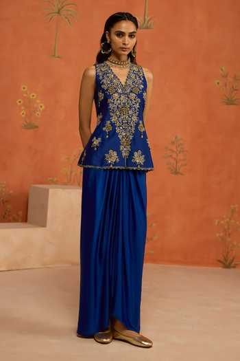 Shop Shikha Mehta Blue Silk, Chanderi V-neck Fannah Top And Skirt Set Online at Aza Fashions Shop_Shikha Mehta_Blue Silk, Chanderi V-neck Fannah Top And Skirt Set _Online_at_Aza_Fashions