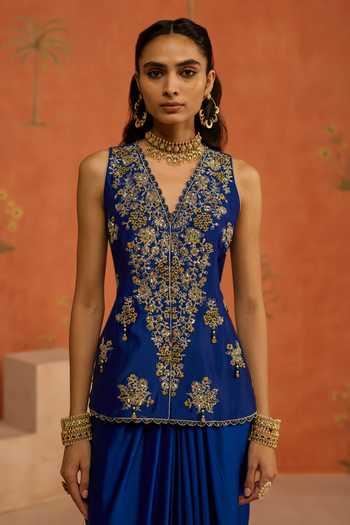 Shikha Mehta Blue Silk, Chanderi V-neck Fannah Top And Skirt Set at Aza Fashions Shikha Mehta_Blue Silk, Chanderi V-neck Fannah Top And Skirt Set _at_Aza_Fashions